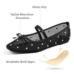 MUSSHOE Lace Women's Flats with Rhinestone：Square Toe Ballet Flats：Slip-on Dressy Comfortable Casual Ballerina Shoes for Wedding Bridal Work,Black 9
