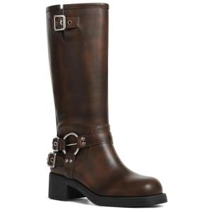 AMINUGAL Brown Knee High Boots Women Square Toe Pull On Boots Wide Calf Riding Boots Fashion Buckles Chunky Boots Metallic Casual Vintage Buckle Rivet Boots Size 9.5