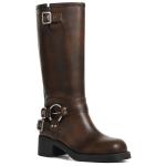 AMINUGAL Brown Knee High Boots Women Square Toe Pull On Boots Wide Calf Riding Boots Fashion Buckles Chunky Boots Metallic Casual Vintage Buckle Rivet Boots Size 9.5