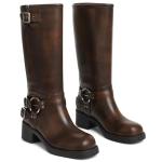 AMINUGAL Brown Knee High Boots Women Square Toe Pull On Boots Wide Calf Riding Boots Fashion Buckles Chunky Boots Metallic Casual Vintage Buckle Rivet Boots Size 9.5