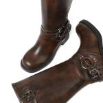 AMINUGAL Brown Knee High Boots Women Square Toe Pull On Boots Wide Calf Riding Boots Fashion Buckles Chunky Boots Metallic Casual Vintage Buckle Rivet Boots Size 9.5