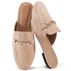 Womens Mules Buckle Flats: Classic Suede Slip On Shoes Dressy Closed Toe Backless Slides Loafers 2025 Apricot