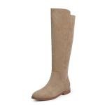 Modatope Tan Suede Boots for Women Rounded Flat Knee High Boots Low Block Chunky Heel Elastic Riding Boot Fashion Fall Winter Boot Size 7.5