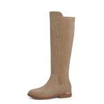 Modatope Tan Suede Boots for Women Rounded Flat Knee High Boots Low Block Chunky Heel Elastic Riding Boot Fashion Fall Winter Boot Size 7.5