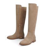 Modatope Tan Suede Boots for Women Rounded Flat Knee High Boots Low Block Chunky Heel Elastic Riding Boot Fashion Fall Winter Boot Size 7.5