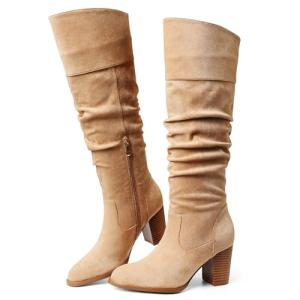 Erocalli Suede Knee-High Boots Fall Boot For Women Chunky Block High Heel Slouch Fashion Boot Round Toe Side Zipper