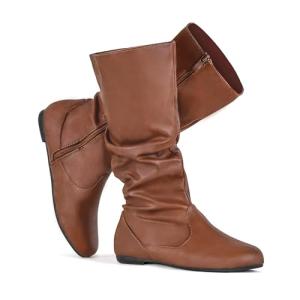 katliu Women's Flat Boots Mid Calf Slouch Boots with Side Zipper Brown US7