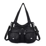 Angelkiss Women's Designer Handbag Large Double Zipper Multi Pocket Washed, Black