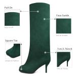 VOZTOLLS Knee High Boots Suede Square Toe Tall Boots for Women Wide Calf Kitten Heel Long Booties Trendy Dress Fall Winter Shoes Green Size 12