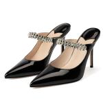 MIRAAZZURRA Women Heeled Mules Rhinestone Strappy Pointed Toe Mules Stiletto High Heels Slip On Bridal Sandals for Women 4 inches US Size 7.5 Black