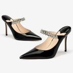 MIRAAZZURRA Women Heeled Mules Rhinestone Strappy Pointed Toe Mules Stiletto High Heels Slip On Bridal Sandals for Women 4 inches US Size 7.5 Black