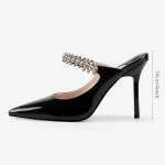 MIRAAZZURRA Women Heeled Mules Rhinestone Strappy Pointed Toe Mules Stiletto High Heels Slip On Bridal Sandals for Women 4 inches US Size 7.5 Black