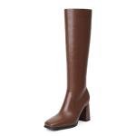 Modatope Brown Knee High Boots Women Chunky Heel Square Toe Tall Boots for Women High Heel Side Zipper Womens Heeled Tall Boots Size 7.5