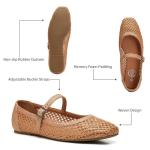 Trary Mary Jane Shoes Women Woven Flats for Women Ballet Flats Shoes Squared Toe Mary Jane Flats Ankle Strap Dressy Comfortable Brown Size 8