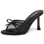 Mostrin Black Mesh Mules Heels with Bow Open Round Toe Stiletto High Heels for Women Dress Slip On Backless Heeled Sandals for Party Holiday Size 8.5