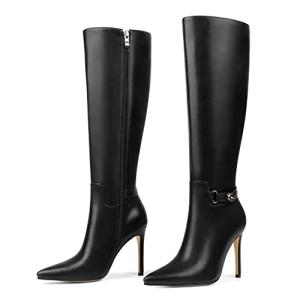 COLETER Knee High Boots for Women Pointed Toe Stiletto Buckle Dress Tall Boots Zipper Heeled Boots Matte Black 7US