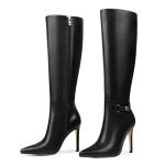 COLETER Knee High Boots for Women Pointed Toe Stiletto Buckle Dress Tall Boots Zipper Heeled Boots Matte Black 7US