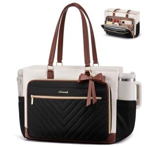 LOVEVOOK Teacher Tote Bag for Women, Work Laptop Bag Gift with Large Cup Holder, Quilted Nurse Bag Diaper Tote with Multi-Pockets, Large Computer Handbag Purse for Bussiness Travel, Office, College