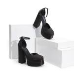 Chunky Block Heels with Ankle Strap - Black