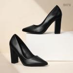 IDIFU Women's IN4 Chunky-HI Block High Heels Closed Pointed Toe Pumps Dress Office Shoes for Women (Black Pu, 7.5 M US)