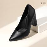 IDIFU Women's IN4 Chunky-HI Block High Heels Closed Pointed Toe Pumps Dress Office Shoes for Women (Black Pu, 7.5 M US)