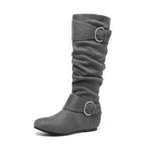 DREAM PAIRS Women's Knee High Low Hidden Wedge Boots Suede Faux Fur Lining Side Zipper Knee High Buckle Boots,Size 8,Grey/Suede,URA