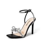 DREAM PAIRS Women's Double Bowknots Crystal Sandals Clear Slingback Heels Square Toe Shoes for Party Wedding Brielle,Size 8,Black,SDHS2389W