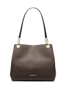 Michael Kors Kensington Large Shoulder Bag Tote Bag, Gold-Tone Hardware/MK Signature Coated Twill/Brown/Black