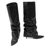 COMFITORIA Womens Knee High Boots, Fold Over Shark Boots Stiletto Heels Slouchy Long Boot Pointed Toe Thigh High Dress Shoes Sexy Fashion Tall Boot for Women with Zipper