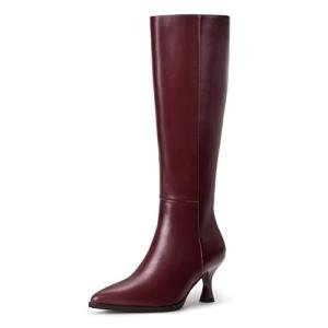 IDIFU Women's Burgundy Knee High Tall Boots Gogo Pointed Toe Low Kitten Heel Long Fall Boot Side Zipper for Women Ladies Dressy Fashion Holiday Party Small Heeled Boots(Burgundy Pu, 8.5)