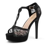 MERUMOTE Women's Peep Toe Platform 5 inch Stiletto Heels Ankle Strap Lace Heels Sexy Prom Shoes Black Suede US7