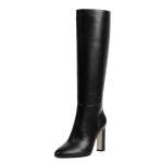 VIUGJNEX Womens Black Boots Chunky Heel Knee High Boots For Women Block High Heel Long Tall Heeled Black Boot Side Zipper Pointed Toe Faux Leather Boot For Women 2025 Trendy Fall Size 8