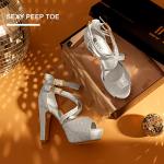 IDIFU Women's IN5 Charcy Crisscross Strappy Platform High Chunky Heels Peep Toe Pump Party Heeled Sandals(7 M US, Silver Glitter)