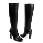 VIUGJNEX Womens Black Boots Chunky Heel Knee High Boots For Women Block High Heel Long Tall Heeled Black Boot Side Zipper Pointed Toe Faux Leather Boot For Women 2025 Trendy Fall Size 8