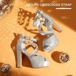 IDIFU Women's IN5 Charcy Crisscross Strappy Platform High Chunky Heels Peep Toe Pump Party Heeled Sandals(7 M US, Silver Glitter)