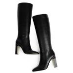 VIUGJNEX Womens Black Boots Chunky Heel Knee High Boots For Women Block High Heel Long Tall Heeled Black Boot Side Zipper Pointed Toe Faux Leather Boot For Women 2025 Trendy Fall Size 8