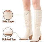 Putu Women's Pointed Toe Knee High Boots Faux Suede Slouch Boots with Chunky Heel Beige 9