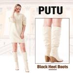 Putu Women's Pointed Toe Knee High Boots Faux Suede Slouch Boots with Chunky Heel Beige 9
