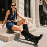 DREAM PAIRS Women's Square Toe Knee High Boots Motorcycle Riding Pull-on Fashion Long Biker Boots for Women,Size 8,Black,DWUMKB2529