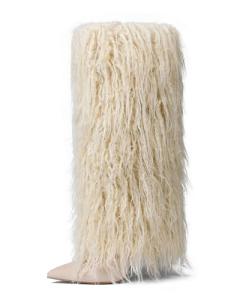 INSMIA Khaki Furry Boots for Women Knee High Fold Over Tall Boot Wide Calf Pointed Toe Stiletto High Heel Fall Winter Boots for Clubwear 8.5