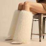 INSMIA Khaki Furry Boots for Women Knee High Fold Over Tall Boot Wide Calf Pointed Toe Stiletto High Heel Fall Winter Boots for Clubwear 8.5