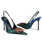 CAGLGLZ Flower High Heels for Women Closed Pointed Toe Stilettos Heel Pumps Slip On Elastic Ankle Strap Slingbacks Fashion Party Dressy Ladies Sandals Shoes(Green,8)