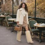 INSMIA Khaki Furry Boots for Women Knee High Fold Over Tall Boot Wide Calf Pointed Toe Stiletto High Heel Fall Winter Boots for Clubwear 8.5