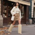 INSMIA Khaki Furry Boots for Women Knee High Fold Over Tall Boot Wide Calf Pointed Toe Stiletto High Heel Fall Winter Boots for Clubwear 8.5