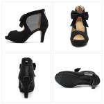 Rjclyh Women's Peep Toe Platform High Heel with Bow Pumps Cutout Mesh Chunky Heel Dress Sandals, Back Zipper, Party Wedding Shoes Black 8