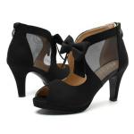 Rjclyh Women's Peep Toe Platform High Heel with Bow Pumps Cutout Mesh Chunky Heel Dress Sandals, Back Zipper, Party Wedding Shoes Black 8
