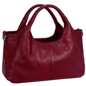 Iswee Women's Genuine Leather Handbag, Medium Satchel Shoulder Bag, Crossbody Hobo Purse with Pockets (Wine)
