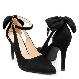 COLETER Womens Bow Knot High Heels Pointed Toe Stiletto Ankle Strap D'Orsay Pumps Bow Evening Dress Shoes Suede Black 7.5US