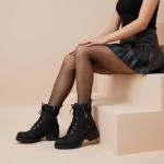 Dunes Kobe Womens Combat Boots – Stylish Lace-Up Design with Side Zipper, Durable Lug Sole, and Block Heel + Memory Foam, Faux Fur Lining, BLACK, 9