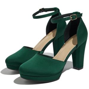 Lyngixko Women's High Block Heels Pumps Round Closed Toe Ankle Strap Dress Wedding Shoes Green
